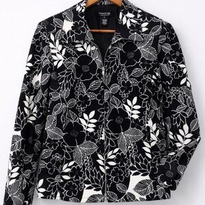 Parisian Signature Floral Zip Front Jacket Medium Black White Blazer